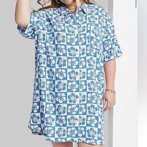Ascot And Hart #doitagain Blue Checkered floral Button Up. LG New With Tags.
